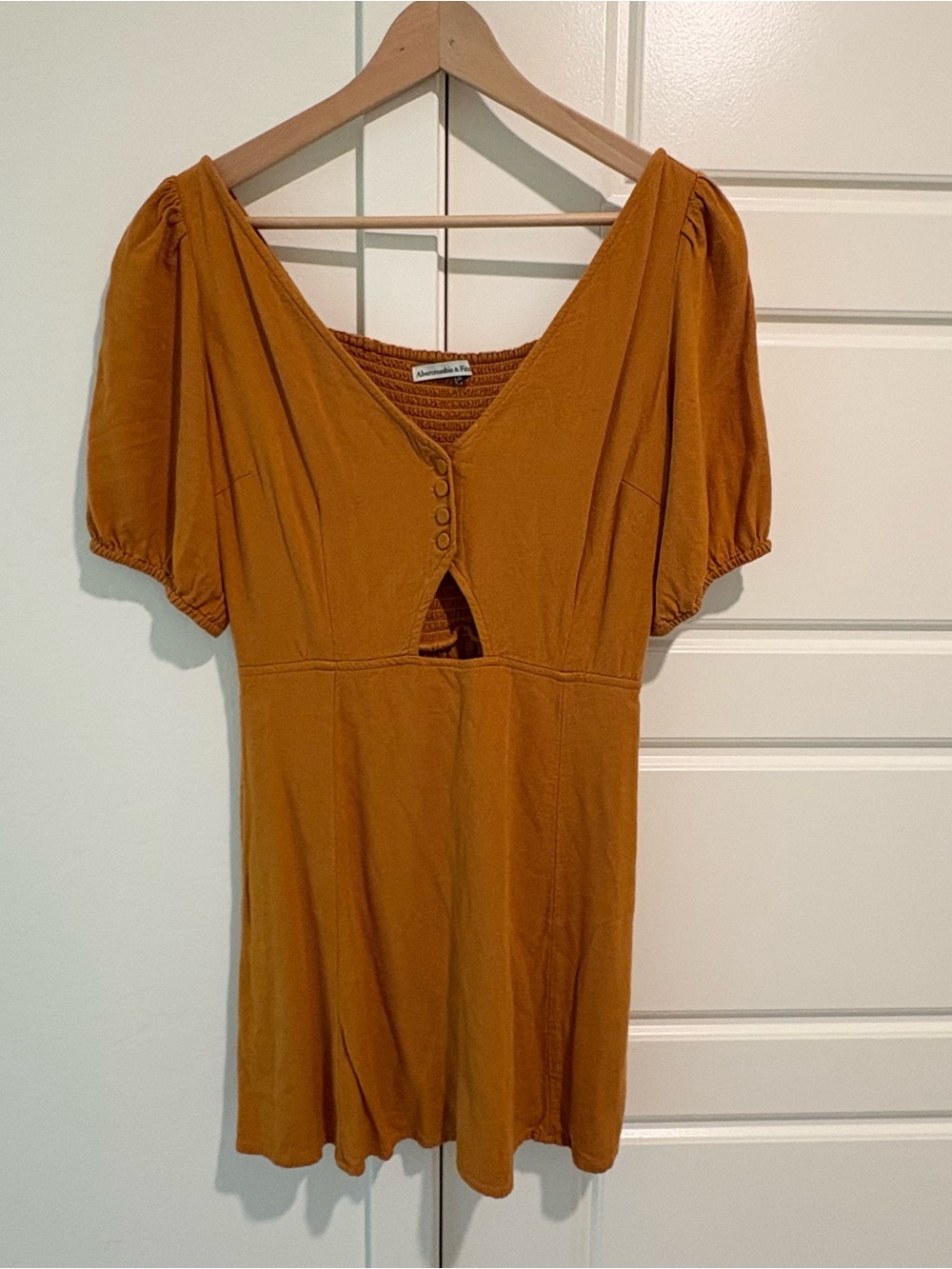 Abercrombie & Fitch Mustard Puff-Sleeve Mini Dress with Front Keyhole